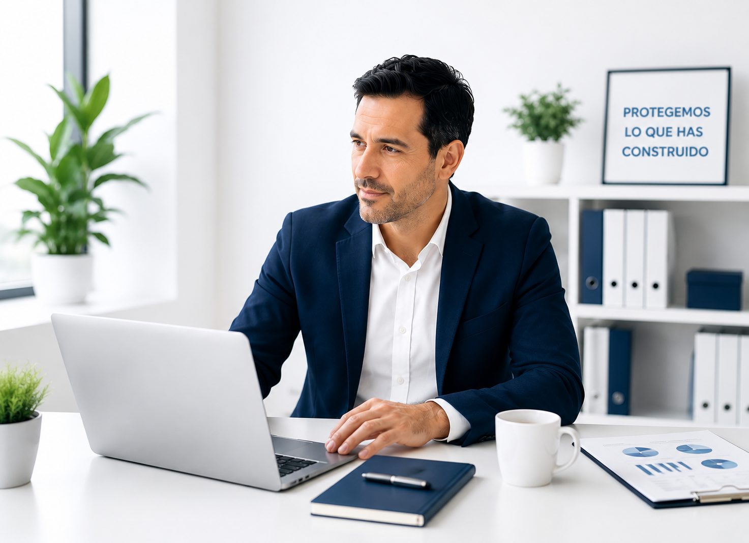 Empresario trabajando en una oficina moderna, representando la protección y continuidad de un negocio con un seguro empresarial